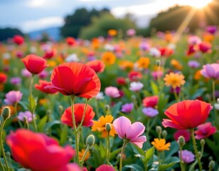 Obraz premium Morning Sunlit Meadow Colorful Poppies