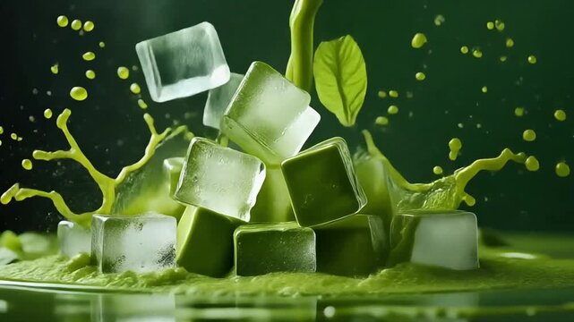 Falling ice cubes triggering matcha splash eruption, crisp studio look 