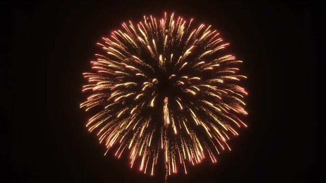 A single golden and red firework explodes brightly against a dark night sky, creating a spherical burst of light.