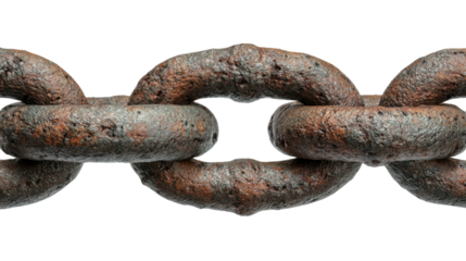 Rusty metal chain link showing corrosion and decay on transparent background, symbolizing strength, age, and security