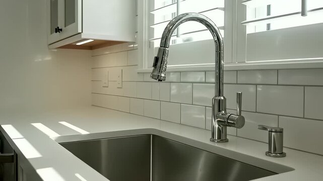 A minimalist kitchen setting featuring a sleek grey sink with a modern faucet and an abundance of natural light through a large window, capturing the concept of a peaceful and efficient.