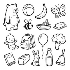 Coloring page of objects that begin with the letter B