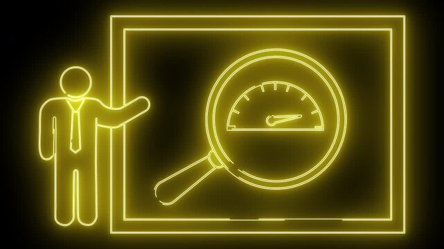 Neon outline presenter frame magnifying glass and speedometer