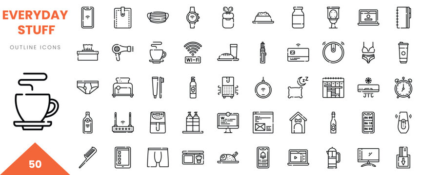 A collection of outline icons representing various everyday items and activities.