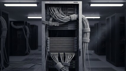 A data server rack stands in a dim server room cables organized with velcro straps