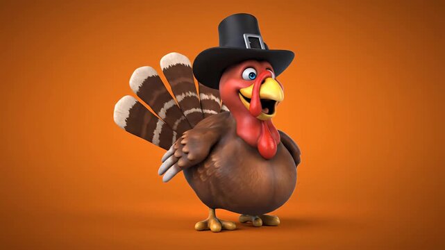 Festive Thanksgiving Turkey Animation: A cheerful animated turkey wearing a pilgrim hat, perfect for holiday greetings and seasonal promotions, set