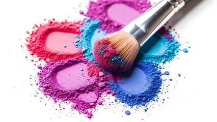 Colorful eyeshadow powders with makeup brush on white background.