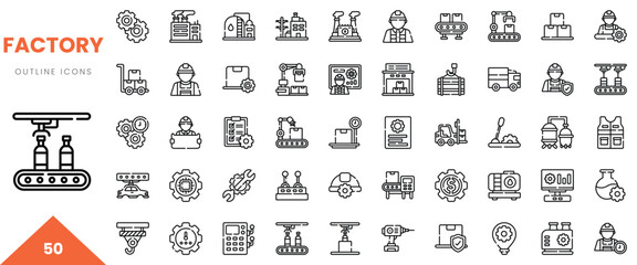 Fototapeta premium Set of factory outline icons depicting machinery, workers, and production processes.