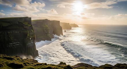 Dramatic Sunset Over Rugged Cliffs and Crashing Waves on the Irish Coastline.