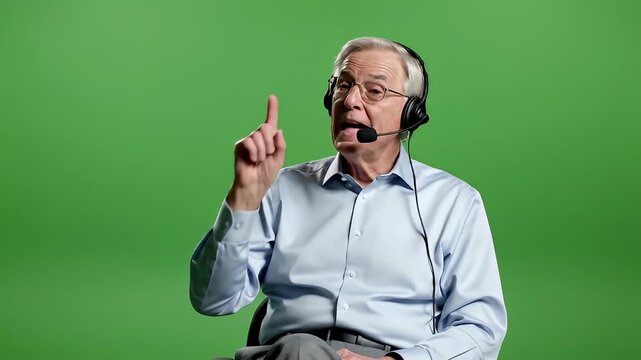 Man with headset gestures during commentary video on green screen.