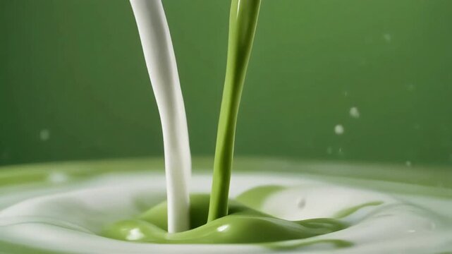 Milk foam and matcha mixing turbulence with droplet splash details, macro ad style 