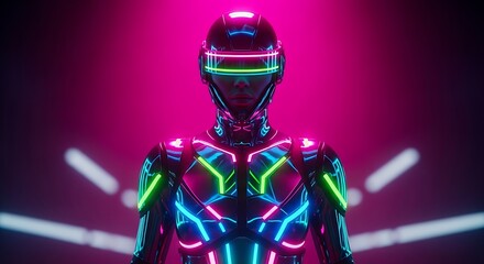 Futuristic Neon Robot Glowing With Vibrant Colors In Dark Background.