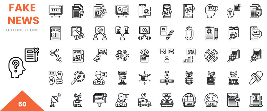 A collection of outline icons representing concepts related to fake news and media awareness.
