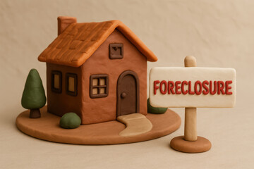 Charming clay model of housing structure stands beside sign that reads FORECLOSURE. This artistic representation captures essence of lone house facing challenging situation, evoking emotions tied