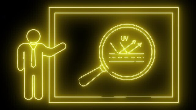 Neon outline of a presenter next to a magnifying glass showing UV reflection on a surface inside a rectangular frame