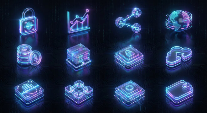 Futuristic glowing glass business and fintech icons set on dark background