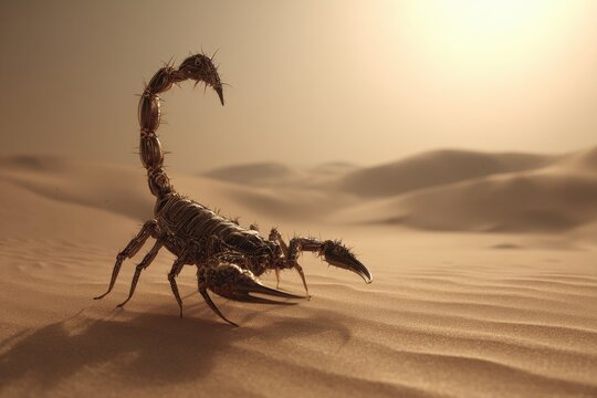 A photorealistic scorpion on desert sand in the sunlight