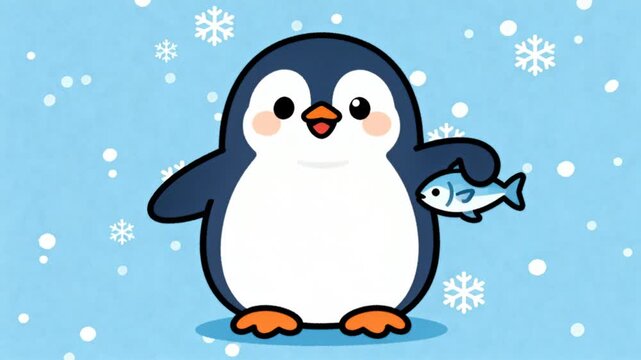 flat minimalist cartoon happy penguin holding small fish bold outlines modern vector friendly color palette winter theme clean background perfect for penguin awareness day