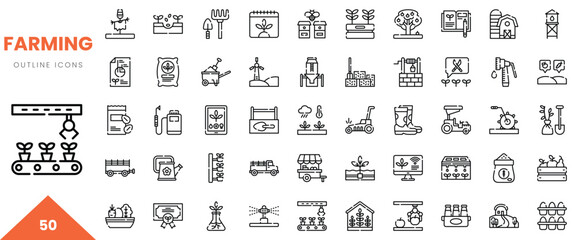 A collection of 50 outline icons depicting various farming activities and equipment. © Kupict