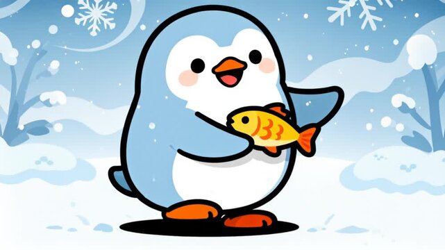 flat minimalist cartoon happy penguin holding small fish bold outlines modern vector friendly color palette winter theme clean background perfect for penguin awareness day