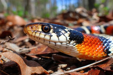 Obraz premium A vibrant coral snake in its natural outdoor habitat