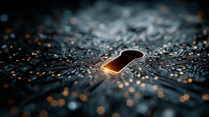Cybersecurity keyhole shines with digital protection glowing on a modern circuit board for data privacy and network defense systems, a vital security measure