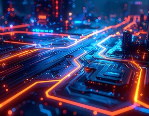 Close-up of circuit board with neon pathways, cityscape