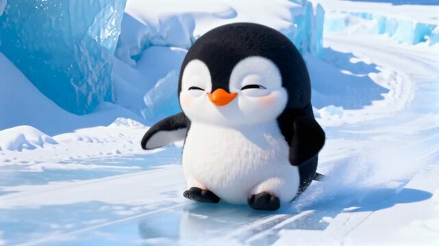cute stylized penguin sliding across ice exaggerated motion lines cartoon animation look bright icy environment perfect for penguin awareness day