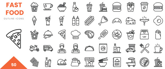Collection of fast food outline icons featuring various dishes and beverage options.