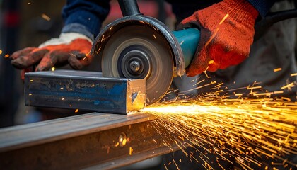 Close-up of hands wearing gloves using a tool to cut metal, sparking