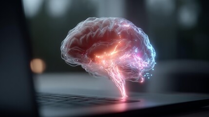 Harnessing brainpower for innovation and AI solutions with a digital brain on laptop, perfect for technology and science presentations in the modern age.