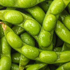 Close-up of open pods displaying vivid green soybeans