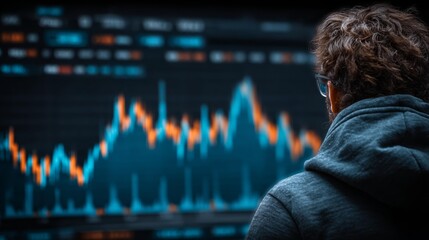 Focused trader analyzing dynamic stock market charts on screen, seeking profitable investment opportunities in real-time.