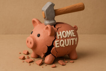 Piggy bank is broken with hammer, symbolizing home equity and financial growth. This represents impact of inflation on personal finance and importance of managing business assets effectively