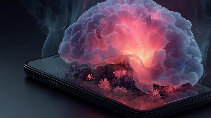 Stunning abstract neural network emerges from smartphone screen, symbolizing digital consciousness and innovation