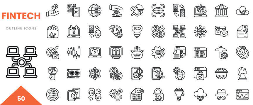 A collection of black and white fintech outline icons showcasing financial technology concepts.