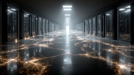 Dynamic digital data flow illuminates futuristic server room, representing global connectivity and advanced technology infrastructure.