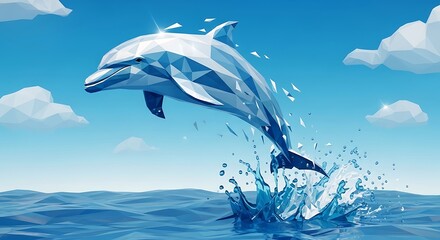 Majestic geometric dolphin illustration in a vibrant low-poly style, captured mid-leap from the sparkling ocean, embodying freedom and digital artistry