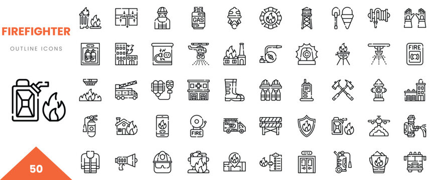 A collection of 50 outline icons related to firefighting equipment and safety tools.