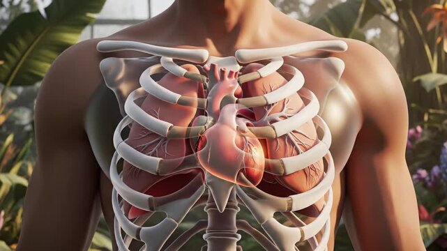 Human skeleton back, ribcage and organs visible. Anatomy illustration. Detailed skeletal system. Back view. Isolated on garden background. Medical concept. Educational material. Human body. Rib cage.