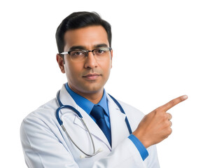 Fototapeta premium Doctor pointing to the right isolated on transparent background
