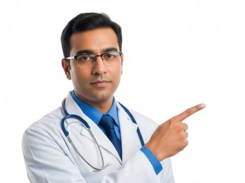 Doctor pointing to the right isolated on transparent background - Powered by Adobe