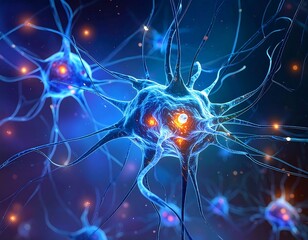 Close-up view of stylized neurons with glowing light effects