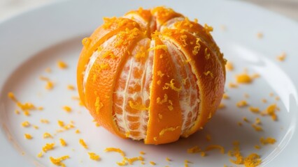 A partially peeled fresh orange with scattered zest on a clean white plate.