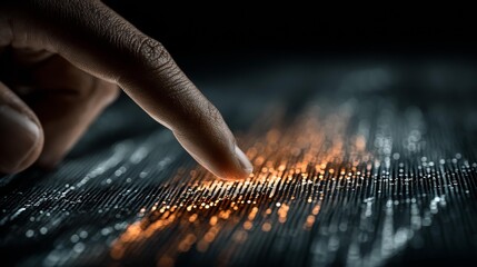 Fingertip explores glowing digital network data streams, symbolizing innovation and future technology connection