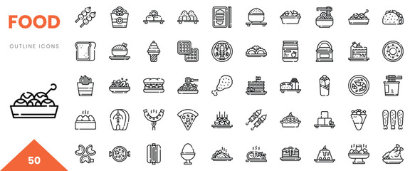A collection of 50 outline icons representing various food items, showcasing diversity in culinary delights.
