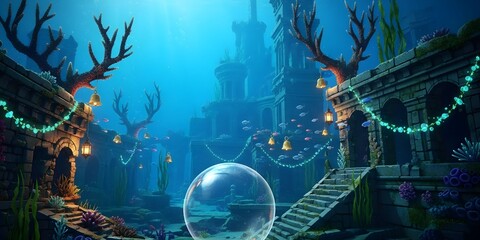 Underwater Atlantis Christmas Background – Mystical Ocean Holiday Digital Art 