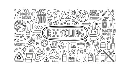 Obraz premium Illustration of various recycling symbols and ecofriendly icons in a creative sketch style