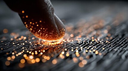 Fingertip ignites glowing data streams on intricate circuit board, symbolizing innovation and digital connection