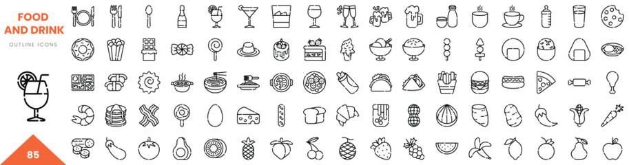 A collection of 85 outline icons representing various food and drink items, ideal for design projects.